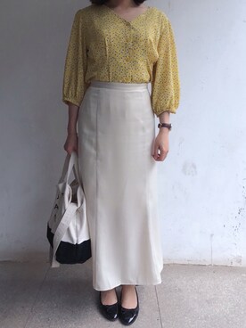 「MOUSSY（マウジー）のSATIN MAXI スカート（スカート、ホワイト系）」を使った、tohanさん（レディース・161cm）の夏コーディネート