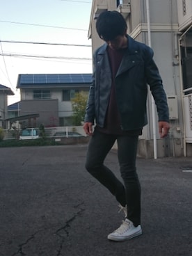 「ワインレッド」｜「アイテム（ライダースジャケット）」を使った、RIKUさん（メンズ・168cm）の秋コーディネート