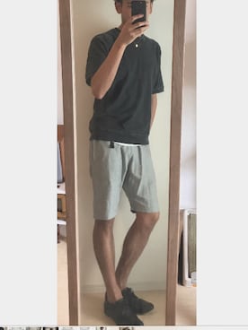 「FREAK'S STORE（フリークスストア）のChampion/チャンピオン　別注リバースウィーブ ウェビングショーツ（その他パンツ、グレー系）」を使った、チャンジャさん（メンズ・180cm）の夏コーディネート