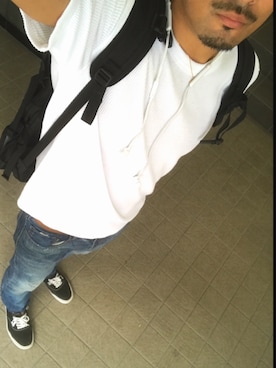 「BEAUTY&YOUTH UNITED ARROWS（ビューティーアンドユースユナイテッドアローズ）のBY COOLMAX サーマル カットソー（Tシャツ/カットソー、ホワイト系）」を使った、チャンジャさん（メンズ・180cm）の夏コーディネート