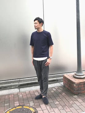 「BEAUTY&YOUTH UNITED ARROWS（ビューティーアンドユースユナイテッドアローズ）のBY ポンチ フォルム ショートスリーブ Tシャツ◆（Tシャツ/カットソー、ブルー系）」を使った、チャンジャさん（メンズ・180cm）の秋コーディネート
