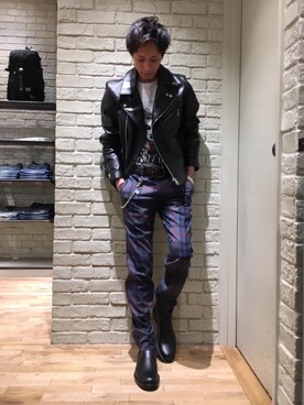 「hystericglamour」｜「アイテム（ライダースジャケット）」を使った、こりさん（メンズ・167cm）の冬コーディネート
