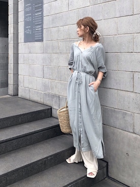 「Happy John（ハッピージョン）のアイテム（シャツワンピース）」を使った、KASUMIさん（レディース・161cm）の夏コーディネート