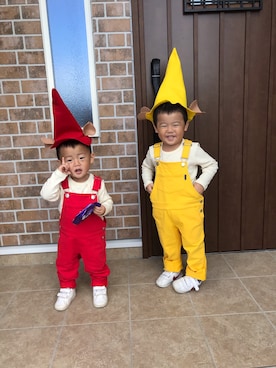 「Moujonjon（ムージョンジョン）のアイテム（オールインワン・サロペット）」を使った、子猿コ−デさん（キッズ・92cm）の夏コーディネート