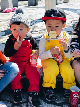 「Moujonjon（ムージョンジョン）のアイテム（オールインワン・サロペット）」を使った、子猿コ−デさん（キッズ・74cm）の夏コーディネート