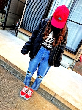 「adidas（アディダス）の【adicolor】 スウェット [TREFOIL CREW SWEATER]（スウェット、ブラック系）」を使った、💜リナ💜さん（レディース・151cm）の冬コーディネート