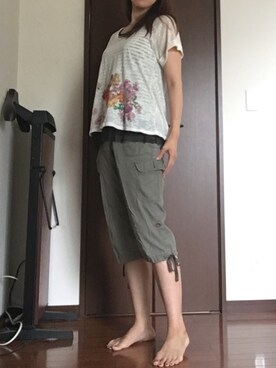 「pink adobe（ピンクアドベ）のアイテム（Tシャツ/カットソー、ホワイト系）」を使った、キャロラインさん（レディース・166cm）の夏コーディネート
