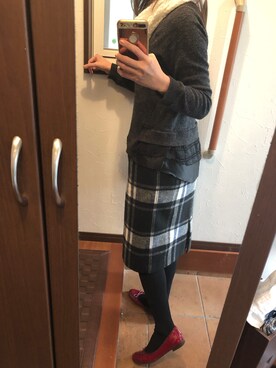 「ROPE' PICNIC（ロペピクニック）の【松岡茉優さん着用アイテム】BIGチェックタイトスカート（スカート、ブラック系）」を使った、キャロラインさん（レディース・166cm）の冬コーディネート