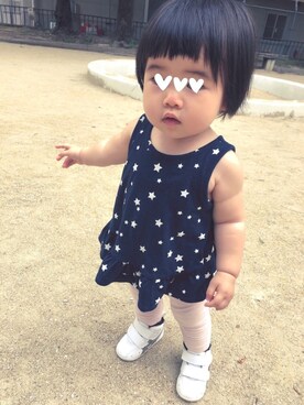 「ASICS（アシックス）のasics アシックス ファブレファーストSL3 (12-135) TUF123 0195 ホワイト/CPGL（スニーカー）」を使った、moonさん（キッズ・80cm）の夏コーディネート