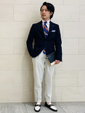 「アイテム（ドレスシューズ、ブルー系）」を使った、甲斐さん（メンズ・175cm）の春コーディネート