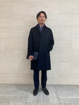 「アイテム（ステンカラーコート、ブルー系）」を使った、甲斐さん（メンズ・175cm）の秋コーディネート