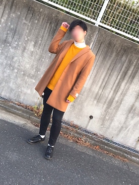 「RAGEBLUE（レイジブルー）の＜メリノウール使用＞チェスターコート/721394（チェスターコート、イエロー系）」を使った、りょうたろうさん（メンズ・178cm）の冬コーディネート