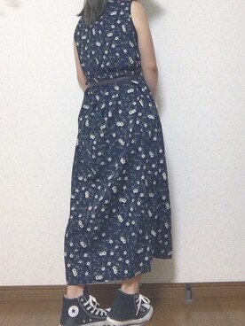 「Color（カラー）の【インスタグラマーコラボ】レトロフラワーロングワンピース（ワンピース、ブルー系）」を使った、みいさん（レディース・150cm）の夏コーディネート