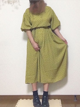 「Green　Parks（グリーンパークス）の・ドットギャザー切替ワンピース　●（ワンピース、イエロー系）」を使った、みいさん（レディース・150cm）の夏コーディネート
