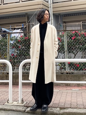 「LAD MUSICIAN（ラッドミュージシャン）のアイテム（チェスターコート）」を使った、Tōru Shimamuraさん（メンズ・177cm）の冬コーディネート