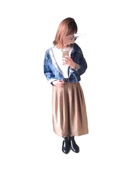 「one after another NICE CLAUP（ワンアフターアナザーナイスクラップ）のアイテム（デニムジャケット）」を使った、じゅにあさん（レディース・158cm）の春コーディネート