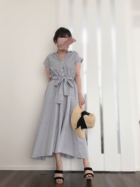 「むぎわら帽子」｜「アイテム（シャツワンピース）」を使った、あーちゃんさん（レディース・149cm）の夏コーディネート
