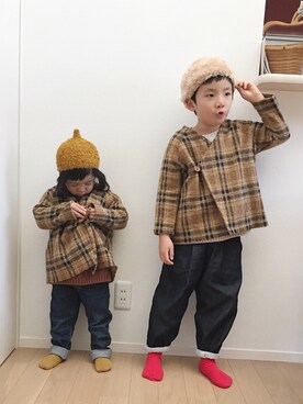 「cokitica（コキチカ）のアイテム（帽子）」を使った、@bunbunさん（キッズ・110cm）の秋コーディネート