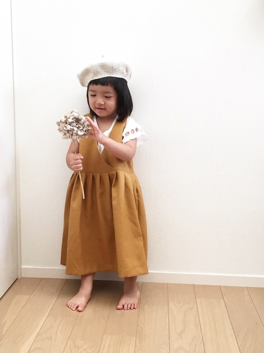 「takk_、ハンドメイド、カシュクールワンピース、handmade、マスタード、秋服準備はじめました」｜「Handmadeのアイテム（ワンピース、イエロー系）」を使った、@bunbunさん（キッズ・110cm）の秋コーディネートの1枚目の写真