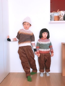 「handmade」｜「アイテム（ニットキャップ/ビーニー）」を使った、@bunbunさん（キッズ・120cm）の冬コーディネート