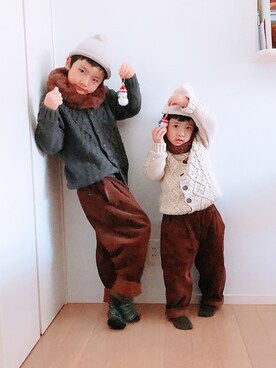 「handmade」｜「アイテム（ニットキャップ/ビーニー）」を使った、@bunbunさん（キッズ・120cm）の冬コーディネート