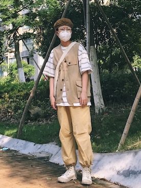 「日系极简」｜「アイテム（アクセサリー）」を使った、船长张一さん（メンズ・160cm）の春コーディネート
