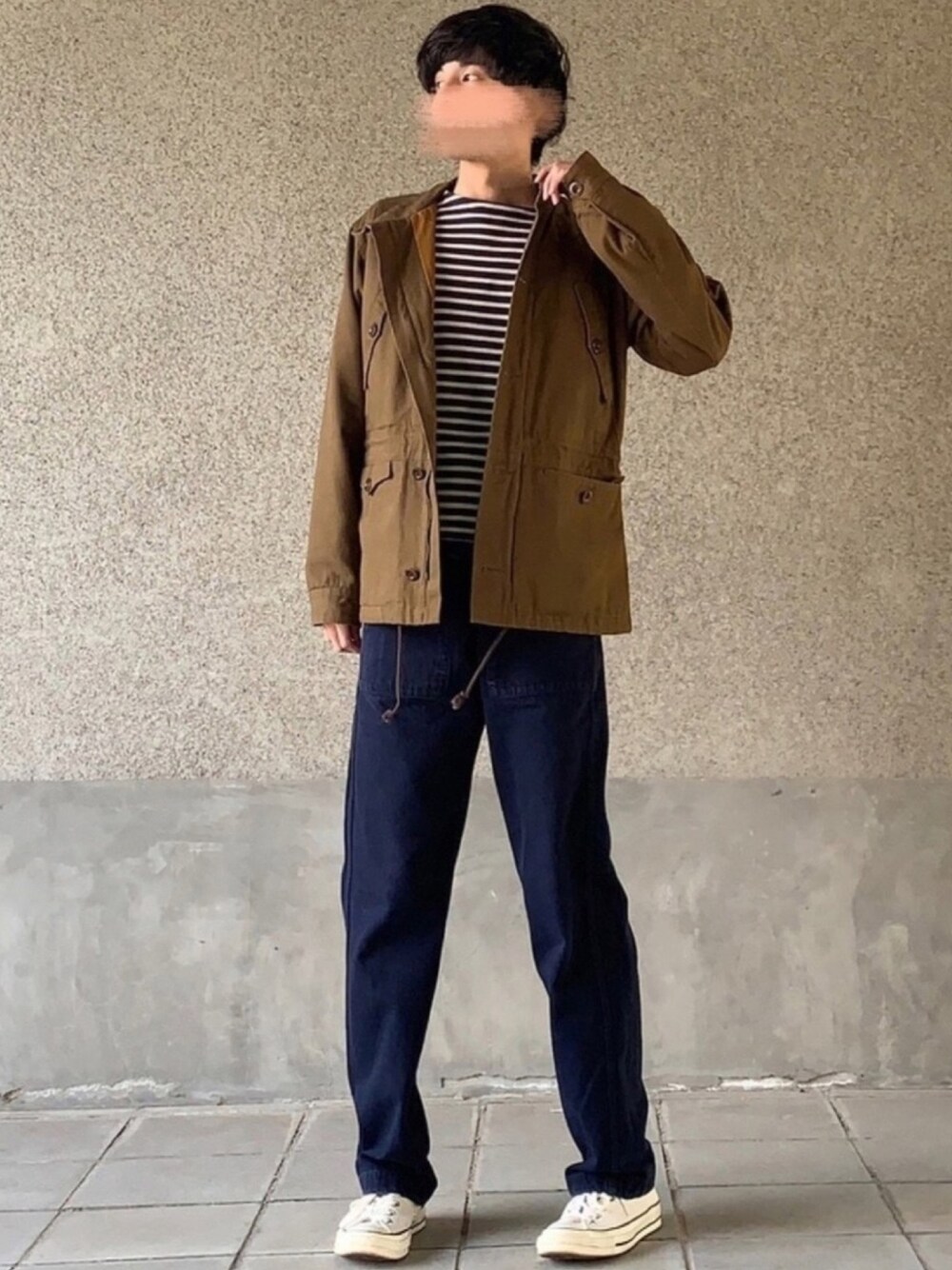 「春コーデ、シンプルコーデ、MHL.、スイングトップ、ボーダー、ワイドパンツ、コンバース、メンズライク、オーバーサイズ、平成最後のWEARISTAセンバツ」｜「MHL.のYARN DYE HEAVY TWILL（その他パンツ、ブルー系）」を使った、はるさん（メンズ・178cm）の春コーディネートの1枚目の写真