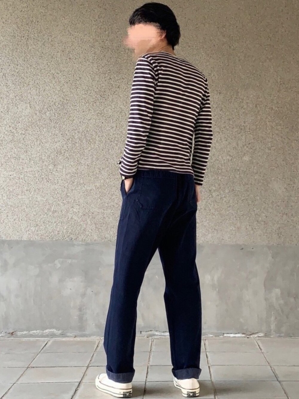 「お花見、春コーデ、シンプルコーデ、メンズライク、MHL.、ボーダー、ワイドパンツ、コンバース、CT70s、平成最後のWEARISTAセンバツ」｜「MHL.のDRY STRIPE JERSEY（Tシャツ/カットソー、グレー系）」を使った、はるさん（メンズ・178cm）の春コーディネートの1枚目の写真
