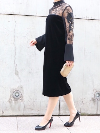 【mame kurogouchi】ベロアスタンドカラー　レーススリーブドレス　1 mame kurogouchi】ベロアスタンドカラー レーススリーブドレス 1 Mame