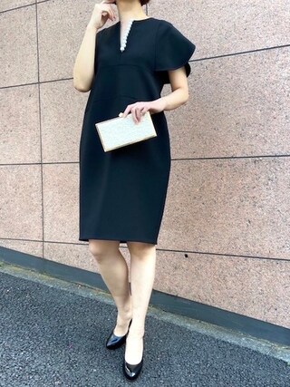 【クリーニング済】YOKO CHANフレアスリーブパールスリットラインドレスヨーコチャン