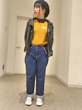 「yellow」｜「アイテム（ライダースジャケット）」を使った、sakiさん（レディース・147cm）の秋コーディネート