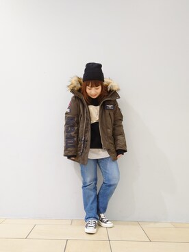 「NEW ERA（ニューエラ）の【×NEW ERA】ベーシック カフ ニットキャップ AC刺繍/BASIC CUFF KNIT CAP EMBROIDERY AC（ニットキャップ/ビーニー）」を使った、sakiさん（レディース・147cm）の秋コーディネート