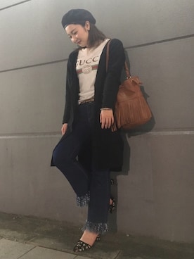 「GU（ジーユー）の（GU）フリンジショルダーバッグ（バッグ、ブラウン系）」を使った、maita kurumiさん（レディース）の夏コーディネート