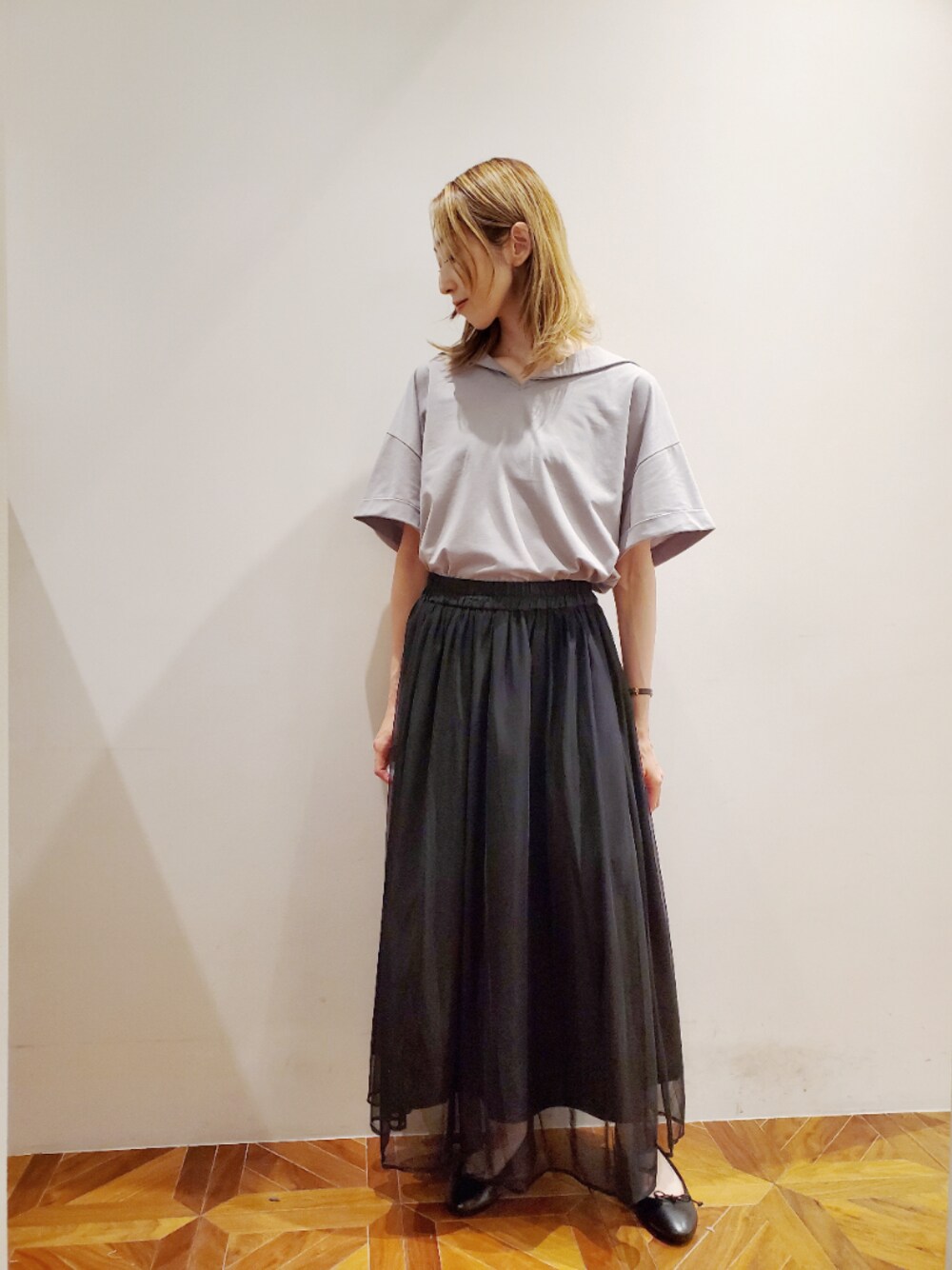 「セーラーカラー、セーラー襟、セーラートップス、相互フォロー、ピュアルセシン、pualcecin、pual ce cin、チュールスカート、夏コーデ、きれいめカジュアル」｜「PUAL CE CINの【Du noir】シルケットセーラーカラーT（Tシャツ/カットソー、グレー系）」を使った、nagashimaさん（レディース・160cm）の夏コーディネートの1枚目の写真