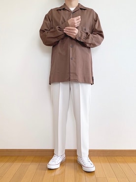 「UNIQLO（ユニクロ）のオープンカラーシャツ（長袖）（シャツ/ブラウス、ブラウン系）」を使った、かぺじゅんさん（メンズ・165cm）の秋コーディネート