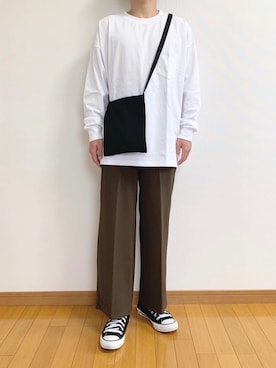 「BENDER TOKYO（ベンダートウキョウ）の【BENDER TOKYO】ヘビーウェイト ポケット付き ビッグシルエット ロンT/ロングTシャツ 袖リブ（Tシャツ/カットソー、ホワイト系）」を使った、かぺじゅんさん（メンズ・165cm）の秋コーディネート