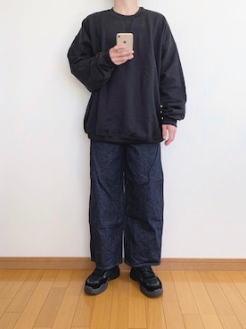 「GILDAN（ギルダン）のGILDAN(ギルダン) / ビッグシルエット クルーネック スウェット プルオーバー（スウェット、ブラック系）」を使った、かぺじゅんさん（メンズ・165cm）の秋コーディネート