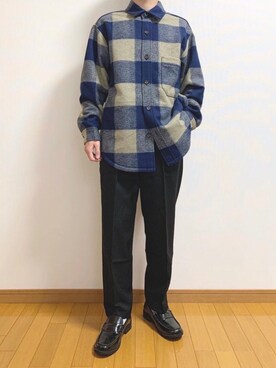 「UNIQLO（ユニクロ）のオーバーシャツジャケット / Lサイズ（ジャケット/アウター、ブルー系）」を使った、かぺじゅんさん（メンズ・165cm）の冬コーディネート