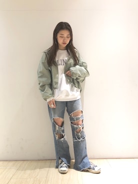 「ナイロンパーカー」｜「アイテム（スウェット）」を使った、くりためいさん（レディース・160cm）の春コーディネート