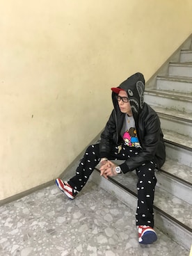 「A BATHING APE（アベイシングエイプ）のアイテム（ライダースジャケット）」を使った、よしそんさん（メンズ・181cm）の冬コーディネート