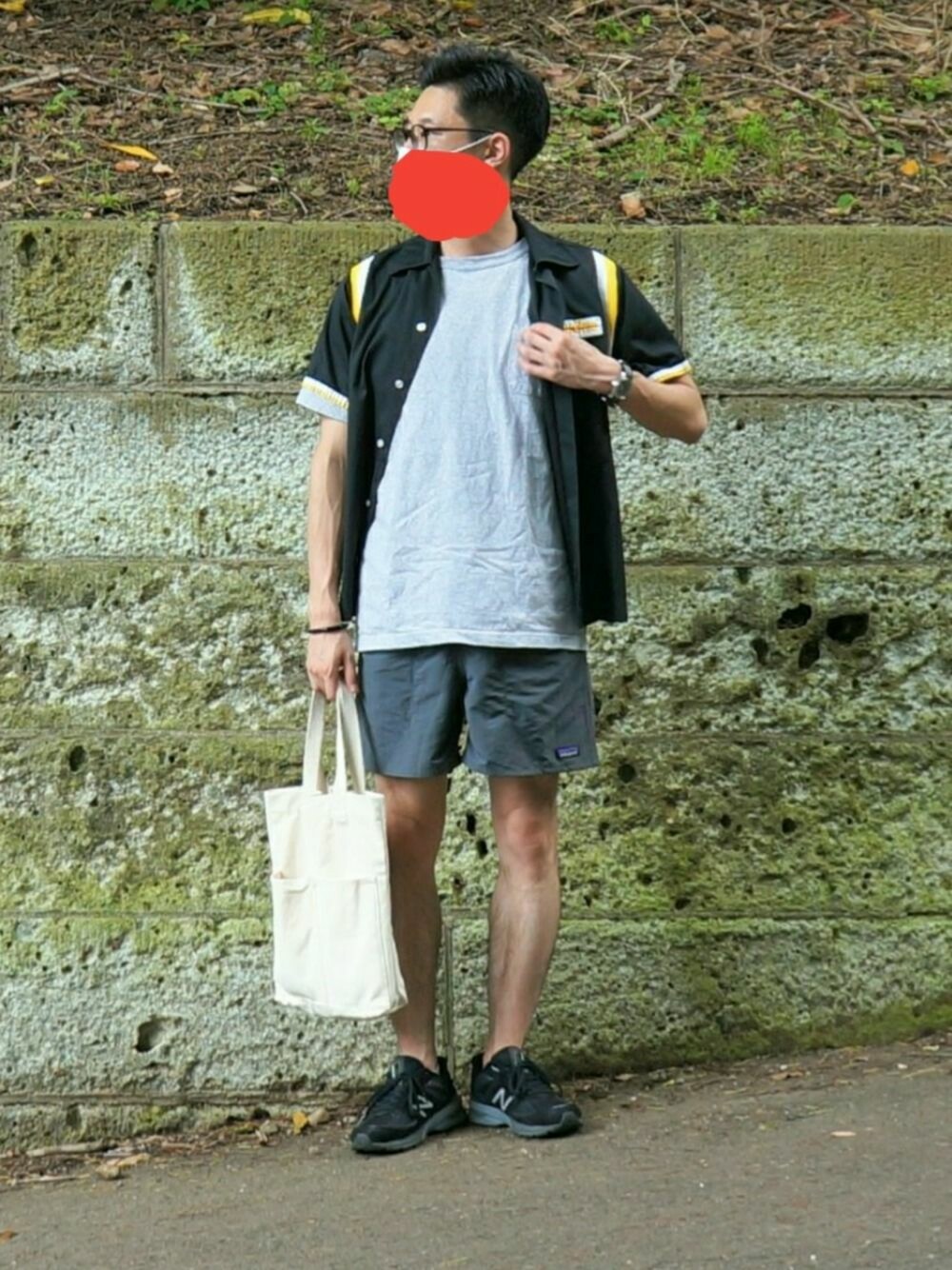 「ボーリングシャツ、ショートパンツ、古着MIX」｜「patagoniaのショーツ（その他パンツ、グレー系）」を使った、sshmさん（メンズ・176cm）の夏コーディネートの1枚目の写真