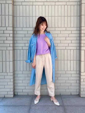 「リブニット」｜「アイテム（シャツワンピース）」を使った、エールデルクールブラン天神地下街店スタッフさん（レディース・162cm）の春コーディネート