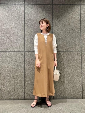 「アイテム（ジャンパースカート、イエロー系）」を使った、エールデルクールブラン天神地下街店スタッフさん（レディース・161cm）の夏コーディネート
