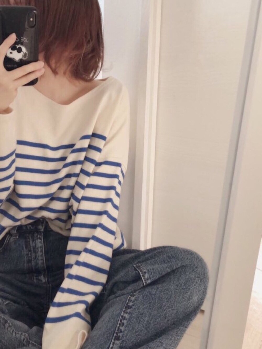 「春服、ボーダー、ラフ、部屋撮り、ボーダートップス」｜「SM2のアイテム（Tシャツ/カットソー、ベージュ系）」を使った、icoさん（レディース・152cm）の春コーディネートの1枚目の写真
