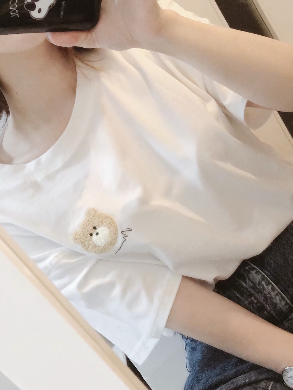 「くま、Tシャツ、夏コーデ、シンプルコーデ」｜「NICE CLAUPのアイテム（Tシャツ/カットソー、ホワイト系）」を使った、icoさん（レディース・152cm）の秋コーディネートの1枚目の写真