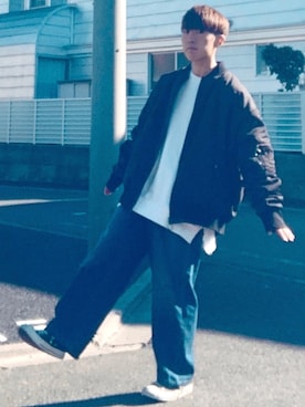 「SUGGESTION（サジェッション）のアイテム（スウェット）」を使った、梅雨さん（メンズ・158cm）の冬コーディネート