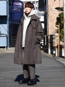 「AIVER（アイバー）のアイテム（ステンカラーコート）」を使った、梅雨さん（メンズ・158cm）の冬コーディネート