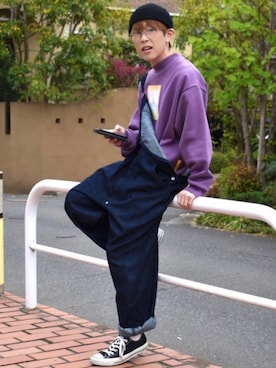 「アイテム（オールインワン・サロペット、ブルー系）」を使った、梅雨さん（メンズ・158cm）の春コーディネート