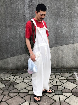 「LOS ANGELES APPAREL（ロサンゼルスアパレル）のアイテム（Tシャツ/カットソー、レッド系）」を使った、takukatsukawaさん（メンズ）の夏コーディネート