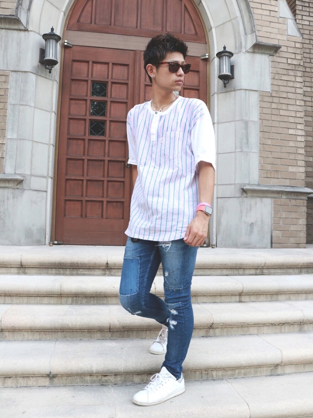 「夏コーデ、カジュアル、リルーム、ootd、おしゃれさんと繋がりたい、menswear、メンズコーデ、fashion blogger、fashion、ハリュースタイル」｜「#Re:roomのアイテム（シャツ/ブラウス、ピンク系）」を使った、🌺ハリュー🌺服部隆乃佑さん（メンズ・175cm）の夏コーディネートの1枚目の写真